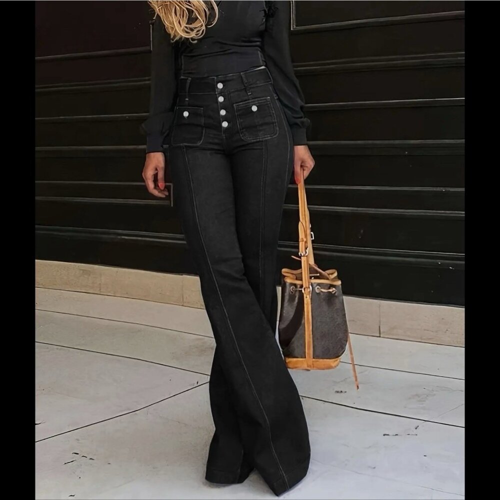 Women Flared Black Jeans Size L High Waist Button Closure Front pockets Stretch - Picture 3 of 7